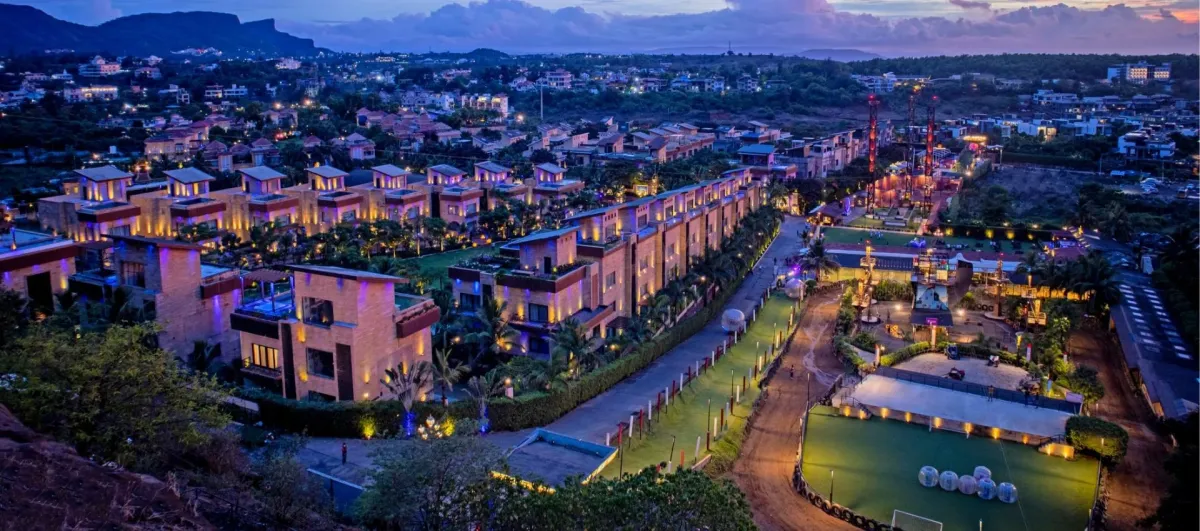 Aerial view of the Della campus in Lonavala at night